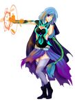  1girl althea_(mirage_noir) armor belt blue_hair braid cape long_hair magic mirage_noir purple_eyes solo spell thighhighs 