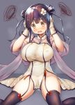  1girl azur_lane black_hair black_legwear blush breasts china_dress chinese_clothes danbo_(rock_clime) double_bun dress flower gloves hair_flower hair_ornament hairclip hands_on_own_head impossible_clothes impossible_dress large_breasts mullany_(azur_lane) no_panties open_mouth orange_eyes shawl sitting solo squiggle suggestive_fluid thighhighs white_gloves 
