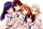  belt blonde_hair blue_eyes blue_hair blush brown_eyes brown_hair dress glasses green_eyes hirose_sumire hiyo_kotori holding_hands long_hair looking_at_viewer matano_seiko miyanaga_teru multiple_girls neckerchief oohoshi_awai open_mouth pose purple_eyes red_eyes red_hair saki school_uniform serafuku shibuya_takami shiraitodai_school_uniform short_hair silver_hair smile standing white_background white_dress 