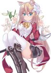  animal_ears blonde_hair blue_eyes blush boots cat_ears flower hair_flower hair_ornament long_hair long_sleeves looking_at_viewer original ray-akila skirt smile solo sword thighhighs weapon white_legwear 