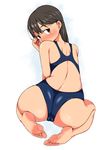  ass back barefoot blush brown_eyes brown_hair cameltoe competition_swimsuit feet gagajya looking_back one-piece_swimsuit original soles solo swimsuit toes 