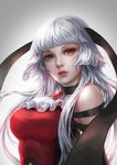  bangs bare_shoulders blunt_bangs breasts brooch eyelashes hime_cut jewelry kyousougiga lady_koto lips long_hair medium_breasts realistic red_eyes wff_87_(xuan_qing) white_hair 