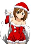  :&gt; bare_shoulders blush breasts brown_eyes brown_hair cleavage detached_sleeves fishnet_pantyhose fishnets hair_ornament hairclip hat hirasawa_yui holding k-on! long_sleeves looking_at_viewer medium_breasts motion_lines official_style pantyhose ragho_no_erika sack santa_costume santa_hat simple_background solo v-shaped_eyebrows white_background 