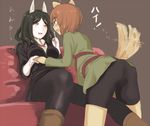  ahoge ass bad_id bad_pixiv_id bike_shorts black_hair black_legwear blush boots breasts brown_eyes brown_hair constantia_cantacuzino couch dog_tail eye_contact goji_(five_clock) inufusa_yuno leg_between_thighs long_hair looking_at_another medium_breasts multiple_girls open_mouth pantyhose short_hair shorts sitting sweatdrop tail tail_wagging translated world_witches_series yellow_eyes yuri 