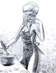  2009 apron bowl breasts cleavage cooking eggshell finger_licking food food_on_face garththedestroyer hat highres jewelry_bonney licking long_hair messy monochrome naked_apron one_piece sideboob signature sketch solo tongue 