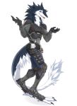  2018 absurd_res armor blizzard_entertainment blue_eyes blue_fur clothed clothing digitigrade fur gloves hi_res looking_at_viewer male mammal overwatch sergal shrug smile video_games viskasunya white_fur 