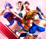  4girls arm_guards arm_up armpits arms_up ayane_(doa) bangs bare_shoulders belt blue_dress blue_eyes bow braid breasts brown_eyes brown_hair cherry_blossoms china_dress chinese_clothes choker cleavage closed_mouth collarbone commentary_request crossed_arms dead_or_alive denim dress eyebrows_visible_through_hair hairband headband hitomi_(doa) holding holding_weapon jeans kasumi_(doa) kunai large_bow lei_fang long_hair looking_at_viewer medium_breasts multiple_girls ninja pants parted_lips pelvic_curtain petals pink_background pink_hairband ponytail purple_dress purple_hair red_bow red_dress red_eyes rejun ribbon sash shirt short_hair short_sleeves siblings simple_background sisters smile standing thighs twin_braids weapon white_belt white_legwear white_shirt 