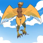  avian blonde_hair breasts cloud clouds female hair harpy malificus mythology sky solo talons wide_hips yellow_eyes yellow_feathers 
