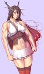  abs bare_shoulders breasts brown_hair highres kantai_collection large_breasts long_hair midriff miniskirt muscle muscular_female nagato_(kantai_collection) red_eyes skirt solo takasugi_kou thighhighs zettai_ryouiki 
