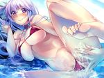  1girl aftersex barefoot bikini blush breasts censored choker collar feet flower game_cg grimoire_no_shisho juris_elmar large_breasts long_hair marushin_(denwa0214) mosaic_censoring navel purple_eyes purple_hair smile swimsuit toes water wet 