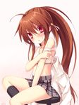  bell blush brown_hair kneehighs kotsu little_busters! long_hair looking_at_viewer natsume_rin off_shoulder plaid plaid_skirt ponytail red_eyes shirt_removed signature sitting skirt solo sports_bra stool sweat underwear 