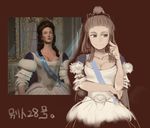  3d blue_eyes breasts brown_hair catherine_the_great civilization_(series) civilization_v cleavage commentary_request crown dress gown kakkou_(su) long_hair medium_breasts reference_work ringlets smile translation_request 