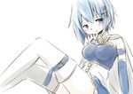  bare_shoulders blue_eyes blue_hair cape hair_ornament hairclip looking_at_viewer mahou_shoujo_madoka_magica miki_sayaka short_hair solo thighhighs u_u_(mooooooou) white_legwear 