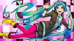  aqua_hair blue_eyes digital_media_player eyewear_on_head green_hair hatsune_miku headphones long_hair nail_polish necktie open_mouth pink_legwear polka_dot polka_dot_scrunchie print_legwear scrunchie shiro_(nitto) shorts solo star star_print twintails very_long_hair vocaloid wrist_scrunchie 