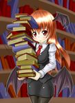  bad_id bad_pixiv_id bat_wings black_legwear blush book book_focus book_stack breasts carrying dress_shirt head_wings holding holding_book koakuma library long_hair low_wings medium_breasts necktie pantyhose red_eyes red_hair red_neckwear shirt skirt skirt_set solo too_many too_many_books touhou vest voile wings 