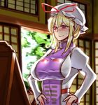 blonde_hair blush bow breasts building chen commentary hands_on_hips hat hat_bow hat_ribbon highres house ikami_(rockhardridefree) impossible_clothes indoors juliet_sleeves large_breasts long_hair long_sleeves mirror mob_cap nervous puffy_long_sleeves puffy_sleeves purple_eyes ribbon sliding_doors smile sweatdrop tabard touhou tree upper_body when_you_see_it yakumo_yukari 