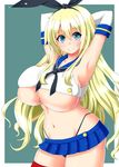  1girl alternate_costume armpits arms_up atago_(kantai_collection) black_panties blonde_hair blue_eyes breasts cosplay elbow_gloves female gloves hair_ornament highleg highleg_panties huge_breasts kantai_collection long_hair midriff miniskirt navel panties ribbon sawa_(snack_yoshie) shimakaze_(kantai_collection)_(cosplay) shirt skirt solo standing thong underboob underwear 