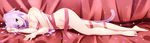  akine_(kuroyuri) animal_ears bad_id bad_pixiv_id barefoot blush braid breasts cat_ears cat_tail highres long_hair looking_at_viewer lying medium_breasts naked_ribbon navel nefia_(akine) on_side original petals purple_hair ribbon smile solo tail 