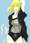  1girl alternate_costume arm_up blonde_hair blue_eyes breasts fishnets highres large_breasts looking_at_viewer naruto naruto_shippuuden paper repocke samui solo 
