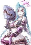  belt blue_hair breasts character_name dated gun highres jinx_(league_of_legends) league_of_legends lipstick loiza long_hair makeup navel pink_eyes raised_eyebrow simple_background small_breasts smile solo very_long_hair weapon white_background 