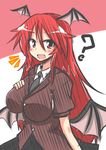  1girl :d ? bat_wings blazer blush breasts buttons dress_shirt fang hand_on_own_chest head_wings impossible_clothes jacket koakuma large_breasts long_hair looking_at_viewer low_wings necktie open_mouth red_eyes red_hair rindou_(p41neko) shirt short_sleeves simple_background sketch skirt smile solo touhou very_long_hair white_background white_shirt wings 