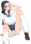  black_hair blue_panties breasts brown_footwear covered_nipples huge_breasts ichihisa long_hair loose_socks nico_robin one_piece panties school_uniform serafuku shoes simple_background sitting socks solo underwear white_background white_legwear 