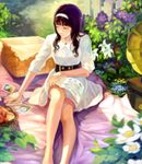  basket book brown_hair closed_eyes dress flower hairband highres jewelry kenbuo legs long_hair necklace phonograph sitting solo 
