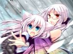  blue_eyes blush commentary_request glasses iripia_casablanca long_hair looking_at_viewer meiya_neon multiple_girls open_mouth original outstretched_hand red_eyes rito_port shirokami_gakuen snowflakes white_hair 