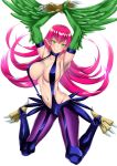  armpits arms_up bangs bare_shoulders blush breasts claws closed_mouth commentary_request duel_monster fang feathered_wings full_body green_eyes hair_between_eyes harpie_lady harpy highres large_breasts legs_apart long_hair looking_at_viewer monster_girl navel pink_hair pointy_ears purple_legwear simple_background slingshot_swimsuit smile solo stomach swimsuit takecha talons very_long_hair white_background wings yuu-gi-ou 