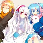  2girls blonde_hair blue_eyes blue_hair coat ene_(kagerou_project) gloves kagerou_project kano_shuuya kozakura_marry long_hair multiple_girls ocha_(hutuumikan) purple_eyes scarf short_hair silver_hair snowman yellow_eyes 