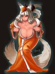  animal_ears bad_deviantart_id bad_id bent_over breasts chem_no.9 cleavage fox_ears fox_tail huge_breasts japanese_clothes kimono kongiku leaf leaf_on_head oboro_muramasa silver_hair solo tail 