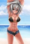  abs armpits art_is_de4d artist_request beach bikini blazblue blazblue:_chrono_phantasma blazblue:_chronophantasma breasts bullet_(blazblue) large_breasts muscle scar short_shorts shorts solo swimsuit undressing white_hair yellow_eyes 