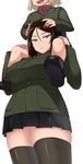  black_hair black_legwear blonde_hair blue_eyes breasts carrying frown girls_und_panzer head_out_of_frame highres katyusha komusou_(jinrikisha) large_breasts long_hair looking_down military military_uniform multiple_girls nonna open_mouth pravda_school_uniform short_hair shoulder_carry simple_background smile thick_thighs thighhighs thighs uniform 
