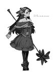  :&lt; bare_shoulders bridal_gauntlets choker chomoran dress dungeons_and_dragons greyscale highres long_hair monochrome monocle pantyhose staff translated 