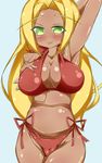  1girl absurdres arm_up armpits bikini blonde_hair blush breast_hold breasts cleavage dark_skin green_eyes halterneck highres hips https_(artist) huge_breasts midriff navel nintendo npc_trainer pokemon pokemon_(game) pokemon_xy pose pov red_bikini red_swimsuit shiny shiny_skin side-tie_bikini smile solo swimmer_(pokemon) swimsuit wide_hips 