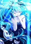  air_bubble aqua_hair asphyxiation breath bubble bubble_blowing closed_eyes drowning hatsune_miku highres long_hair open_mouth pale_skin pecchii shinkai_shoujo_(vocaloid) solo submerged twintails underwater very_long_hair vocaloid water 