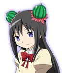  1girl akemi_homura double_bun double_buns food food_on_head fruit hair_bun mahou_shoujo_madoka_magica negitan_(imizu_citizen) object_on_head school_uniform solo watermelon white_background 