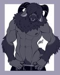  abs anthro beast biceps big_muscles caprine dark_hair facial_piercing feralise fur grey_fur hair hair_over_eyes horn male mammal muscles nipples nose_piercing nose_ring pecs piercing pose pubes ram solo standing toned topless underwear undressing 