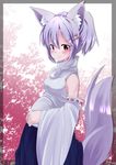  animal_ears blush breasts detached_sleeves hair_ornament hairclip hands_on_own_stomach highres inubashiri_momiji noa_(nagareboshi) ponytail pregnant red_eyes short_hair silver_hair small_breasts smile solo tail touhou wolf_ears wolf_tail 
