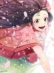  :d black_hair blue_eyes cherry_blossoms japanese_clothes kaguya-hime_no_monogatari kaguya_hime kimono long_hair looking_at_viewer open_mouth petals running sinsimo smile studio_ghibli taketori_monogatari very_long_hair 