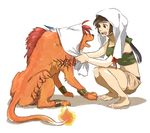  animal anklet barefoot black_hair eye_contact fangs final_fantasy final_fantasy_vii fire headband jewelry looking_at_another matsuri6373 midriff navel open_mouth red_hair red_xiii ribbon shorts smile squatting tail tank_top towel towel_on_head yuffie_kisaragi 