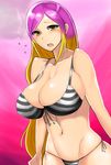  alternate_costume bikini blonde_hair blush breasts cleavage collarbone embarrassed gradient_hair highres hijiri_byakuren huge_breasts ikami_(rockhardridefree) long_hair looking_at_viewer multicolored_hair navel open_mouth purple_hair skindentation solo striped striped_bikini sweat sweatdrop swimsuit touhou unzan very_long_hair when_you_see_it yellow_eyes 