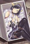  bdsm black_hair black_legwear blush bondage boots bound box chain detached_sleeves glasses hairband hakaba_(dairiseki) headgear in_box in_container japanese_clothes kantai_collection kirishima_(kantai_collection) looking_at_viewer lying open_mouth pantyhose purple_eyes shiny shiny_clothes short_hair solo thigh_boots thighhighs 
