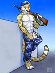  amber_eyes anthro army balls base_progression beret biceps feline fur gun hat jaguar looking_at_viewer m1_garand male mammal military_cap military_uniform muscles pecs penis pose presenting ranged_weapon rifle sheath soldier solo standing topless tsaiwolf weapon yellow_fur 