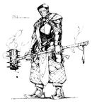  armor breastplate chomoran dungeons_and_dragons faulds gauntlets greaves greyscale half-orc highres male_focus monochrome pauldrons scar skull solo translated tusks warhammer weapon 