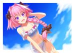  1boy :d androgynous astolfo_(fate) black_bow blue_sky blurry blurry_background bow bracelet braid cloud collarbone dutch_angle fate/apocrypha fate_(series) flat_chest hair_bow hair_over_shoulder hand_in_hair inugoya jewelry leaning_forward long_hair looking_at_viewer navel open_mouth pink_hair purple_eyes single_braid sky smile solo standing trap 