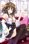  :d ahoge armpits boots breasts brown_eyes brown_hair character_name couch cup detached_sleeves flower frilled_skirt frills hairband heart heart_pillow japanese_clothes kantai_collection kongou_(kantai_collection) long_hair looking_at_viewer medium_breasts nontraditional_miko open_mouth pillow plaid ribbon-trimmed_sleeves ribbon_trim romaji sideboob sitting skirt smile solo takanashi_haruto tea teacup thigh_boots thighhighs wide_sleeves 