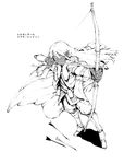  archery arrow boots bow_(weapon) cape chomoran dark_elf dark_skin dark_skinned_male drawing_bow dungeons_and_dragons elf fur_trim greyscale holding holding_arrow holding_bow_(weapon) holding_weapon knee_boots long_hair male_focus monochrome pointy_ears solo translated weapon 