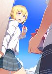  blonde_hair cloud day donarudo dutch_angle earrings fang fence gift highres jewelry juice_box kon_futaba open_mouth plaid plaid_skirt purple_eyes school_uniform skirt sky solo_focus soredemo_machi_wa_mawatteiru thighs 