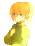 bad_id bad_pixiv_id blonde_hair blue_eyes expressionless green_shirt hand_on_own_chest long_hair me_(1005646017) poniko ponytail shirt solo sweater yume_nikki 